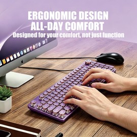 Hnjugfe Purple Retro Typewriter Keyboard, 104 Keys Wired USB with Round Keycaps, LED Backlit, for PC Laptop Mac Windows