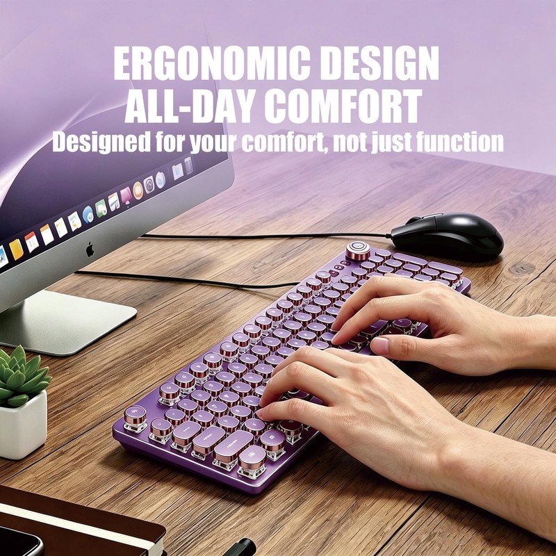 Hnjugfe Purple Retro Typewriter Keyboard, 104 Keys Wired USB with