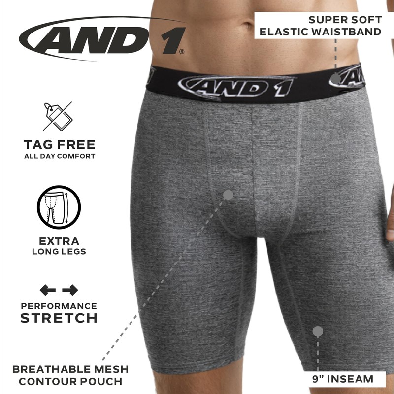 AND1 Mens Boxer Briefs - 6 Pack Platinum Performance Long