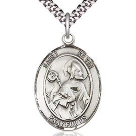 Heartland Store Men's Pewter Oval Saint Kevin Medal + 24 inch Rhodium Plate Chain & Clasp| USA Made