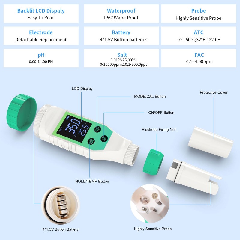 YIYEGO 2025 Chlorine and Pool Salt Meter 7 in 1