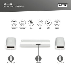 DIGITUS DisplayPort Repeater, 8K 30Hz, 4K 120Hz/60Hz, 30m Signal Extension