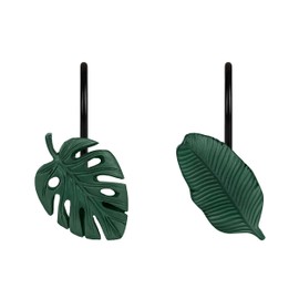 Tropical Leaf Decorative Shower Curtain Hooks, Green Botanical Shower Curtain Rings with Black Hooks, Resin, Monstera Deliciosa Strelitzia Reginae Leaves Shower Curtain Hangers for Bathroom, Set of 12
