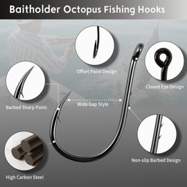 FishTrip Octopus Baitholder Fishing Hooks, 50/100pcs Sharp Barbed High Carbon Steel Offset Circle Hooks for Freshwater Saltwater