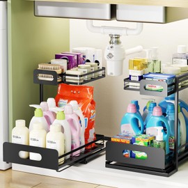 Delamu 2 Pack Metal Bathroom Organizers and Storage, 2 Tier Pull Out Under Sink Organizer with 2 Small Baskets, Adjustable Under Sink Shelf for Multipurpose Cabinet Organizer, Black