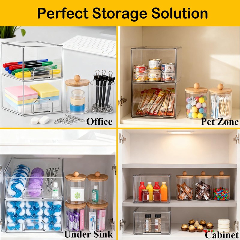 Qeosvve 6 Pack Clear Stackable Storage Drawers & Qtip Holder