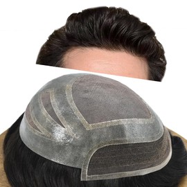 Mens Toupee Human Hair Pieces Replacement System for Men Breathable French Lace Mens Wigs Hairpiece Poly Skin PU Around Hair Unit Patch for Men (8''X10'', #1 Jet Black)