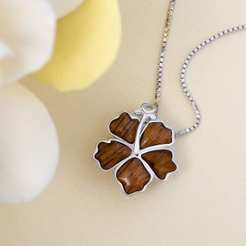 925 Sterling Silver Natural Koa Wood Inlay Hibiscus Flower Necklace Pendant, Hawaiian Tropical Design Jewelry, Hypoallergenic for Sensitive Skin, with 18" Box Chain (12mm)