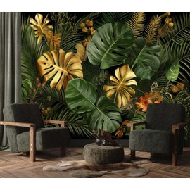 Jdayda Gold and Green Monstera Leaf Wallpaper Tropical Jungle Banana Leaves Wall Mural for Living Room Bedroom (Not Self-Adhesive)