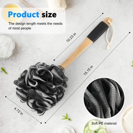 Black Loofah on a Stick PE Soft Mesh Luffa with Non-Slip Wooden Handle Made of Soft and Sturdy Rubber Material Back Scrubber for Shower for Women and Men with String for Easy Hanging