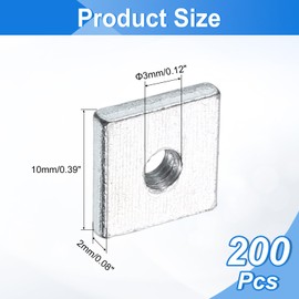 uxcell 200Pcs M3x10mmx2mm Square Nuts, Carbon Steel Zinc Plated Coarse Thread Square Nuts Fasteners for Home Repairs and Professional Engineering, Silver