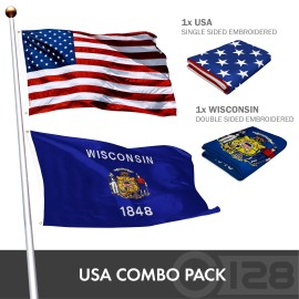 UD_G128 Combo Pack: USA American Flag 3x5 Ft Embroidered Stars & Wisconsin State Flag 3x5 Ft Embroidered Double Sided 2ply