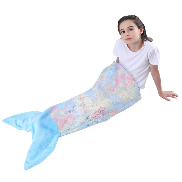 softan Couverture en forme de queue de sirène pour enfants - Flanelle douce - Couverture en polaire - Motif arc-en-ciel - Motif échelle de poisson - Cadeau pour fille - 100 x 43 cm