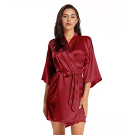 MizzGenio Women's Plus Size Silk Robes Bridesmaid Robes Satin Sleepwear,Wine,2X/3X