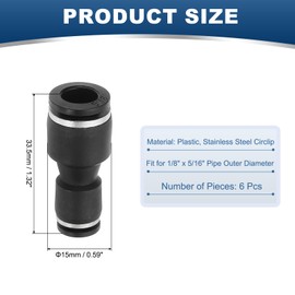 PATIKIL 6 Pcs Straight Union Push to Connect Fitting, 1/8" x 5/16" OD Tube Reducer Connector Quick Push Lock Adapter Air Hose Fitting for Pneumatic System Pipeline Connection, Black