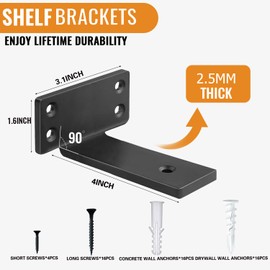 4 Inch Heavy Duty Floating Shelf Brackets,Hidden Black Metal L Bracket,Industrial Modern Wall Shelving Supports,4 Pack