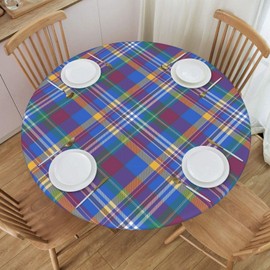 Gbuzozie Purple and Blue Checkered Tablecloth with Elastic Edge, Round Table Cover Washable Reusable Colorful Buffalo Plaid Table Cloths for Kitchen Dining Party, Medium (Fits 45-50 in)
