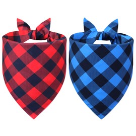 WoffBow Buffalo Plaid Dog Bandanas for Medium Dogs 14-18 Inch Neck, 2 Pack Reversible Red Black & Blue Black Scarf Bibs, Farmhouse Pet Accessories