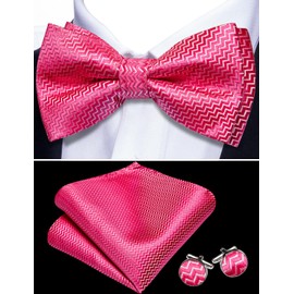 Barry.Wang Bow Ties for Men Solid Color Plaid Pre-tie Tuxedo Bowtie Set with Handkerchief Cufflinks Wedding Party, Stripe Hot Pink, One Size