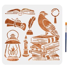 MAYJOYDIY Crow Book Stencils Raven Stencil Feather Pen Magnifying Glass Kerosene Lamp Candle Pattern 11.8×11.8inch with Paint Brush for Wood Furniture Wall Pillows Scrapbook Cards