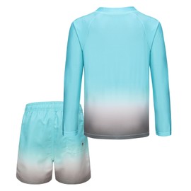 Aisyee Big Boys Two Piece Rash Guard Swimsuits Kids Long Sleeve Bathing Suit with Swim Trunk Swimwear Set Aqua Gradient Gray Size 12/10-12 Years