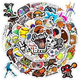 60 Pcs Cool Ball Mixed Sports Stickers for Water Bottle s, Waterproof Vinyl Soccer Basketball Volleyball Badminton Laptop Decals, Kids Teens Adults Skateboard Helmets Luggage Decor