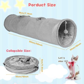 KOSMUSMO 51 Inches Extra Long Cat Tunnels for Indoor Cats, Collapsible Pet Play Tube with Cat Toys and Two Peek Holes, Cat Hideout Hideaway for Big Cats, Kittens, Bunny Rabbits, Ferrets, Puppy