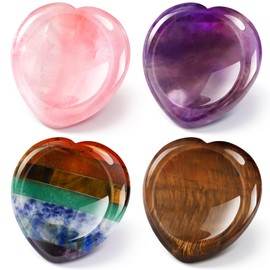 Roowest 4 Pcs Heart Shape Thumb Worry Stone for Anxiety Chakra Stones Sets Chakra Crystal Pink Crystal Amethyst Tiger Eye Aventurine Quartz Obsidian Anxiety Stone Women Gifts for Stress Meditation