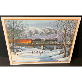 VTG American Artists Christmas Card UNUSED John Rogers Train Bridge Skaters Wave