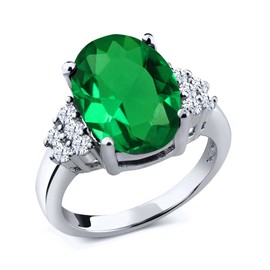 Gem Stone King 925 Sterling Silver Green Simulated Emerald and White Created Sapphire Women's Ring (6.12 Cttw, Oval 14X10MM, Available In Size 5,6,7,8,9)