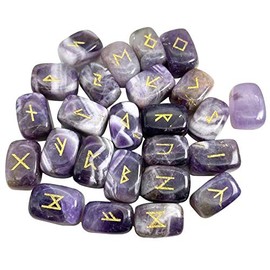 Fekuar Natural Amethyst Rune Stones Set, Engraved Elder futhark Viking Alphabet Runes Gemstone Chakra Balancing Reiki Healing Spiritual Metaphysical, 25Pcs
