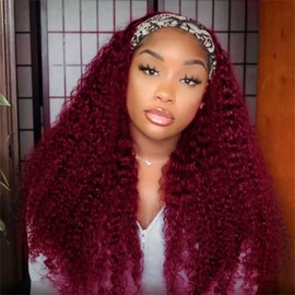1B/99J Curly Headband Wig Human Hair 14 Inches Ombre Burgundy Human Hair Headband wig None Lace Front Wigs Human Hair Wig for Black Women Wear and Go Wig 150% Density wig（1B/99J,JC,14Inch)