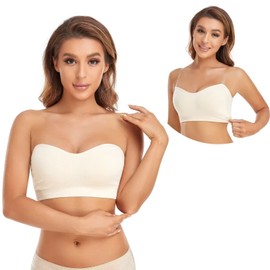 Lusait Strapless Bra for Women Non-Slip Silicone Padded Bandeau Bra Wireless Tube Top Bra Beige+Beige 2Pack S