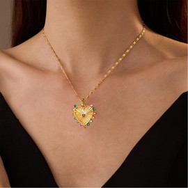 Heart Charm Necklace for Women 18K Gold Plated Heart Pendant Necklace Chunky Choker Chain Necklace With Colored Zircon Trendy Hip Hop Charm Necklace Aesthetic Jewelry