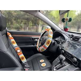 Steering Wheel Cover,Handmade Crochet Rainbow Sunflower Granny Square Steering Wheel Covers (Wheel Covers+2belt Covers+2Car Coasters+Strawberry)