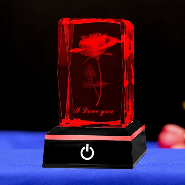 YATOSEEN 3D Rose Crystal with LED Light Base, I Love You Gifts for Women, Girlfriends, Mom, Pink Flower, Romantic Gifts for Birthday, Anniversary, Mother's Day, Valentine's Day