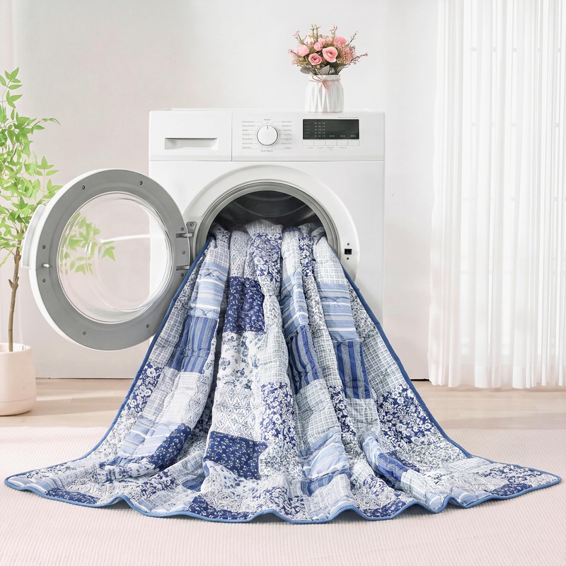 Full Queen Size Quilt Set Blue Floral Bedding Set 3-Piece