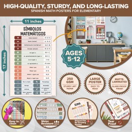 Decorably 20 Boho Spanish Math Posters, 11x17in Matte-Laminated Educational Spanish Classroom Decorations