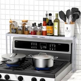 ZDDLOINP Stove Top Shelf,Adjustable 27 to 33 Inch Over the Stove Shelf for Back of Stove Spice Rack for Countertop,4 Level Height Spice Rack Organizer Seasoning Organizer for Kitchen Stove,Silver