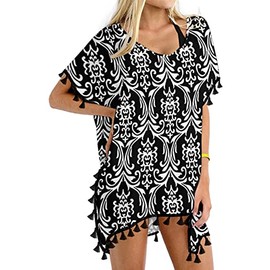Yincro Women's Chiffon Swimsuits Beach Bathing Suit Cover Ups for Swimwear with Tassels(Black and White, S-M)