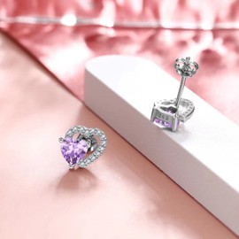 Qings Women's Birthstone Stud Earrings Heart Shape Stud Earrings 925 Sterling Silver Love Gemstone Earrings, Cubic Zirconia, Cubic Zirconia