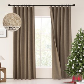 KangBang 100% Blackout Linen Curtains for Bedroom Living Room, Thermal Insulated Sandstone Curtains 84 Inches Length 2 Panels Set, Back Tab/Rod Pocket/Hook Belt, Biscuit, 52x84 Inch