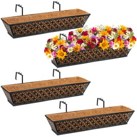 Geetery 4 Pcs 30 Inch Railing Planters Window Deck with Coco Liner Hanging Flower Planter Deck Railing Box Window Trough Black Metal Garden Flower Baskets for Patio Fence Porch Balcony Outdoor Indoor