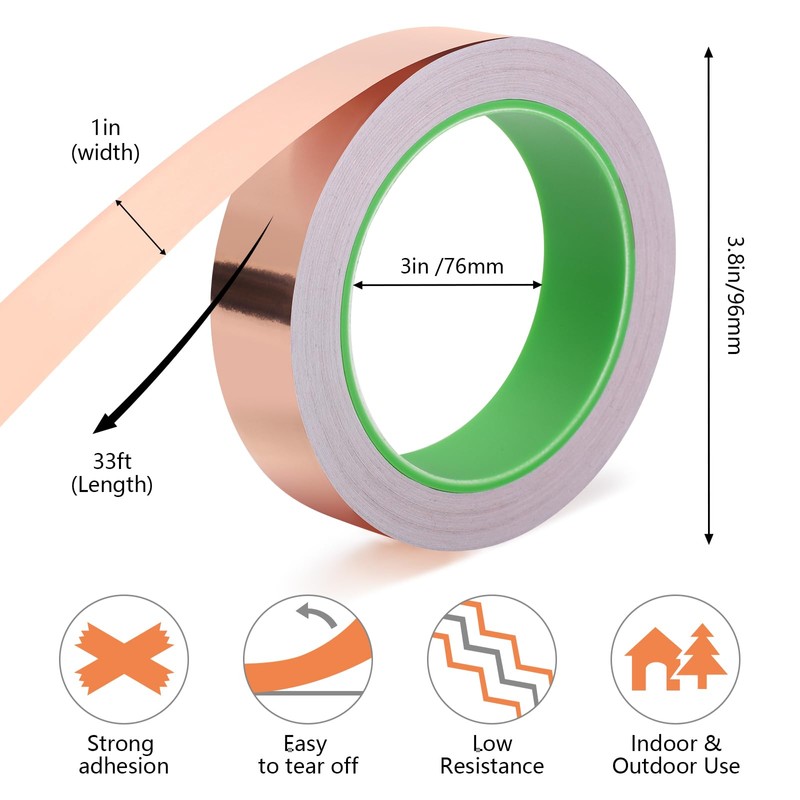 2 Rolls Copper Foil Tape 1Inch × 130Ft Total Conductive