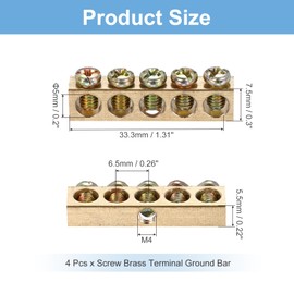sourcing map 4 Pcs Terminal Ground Bar, 5 Positions Screw Brass Terminal Ground Bar, M4 5.5x7.5mm Screw Block Barrier Brass for Electrical Device