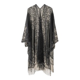 Milumia Women's Floral Lace Shawl Warps Fringe Open Front Shrug Pashmina Shawl Evening Dresses Scarfs Black One-Size