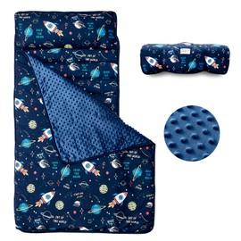 beeweed beeweed Toddler Nap Mat, Rollup Design Kid Sleeping Mat with Removable Pillow & Minky Blanket, Toddler Sleeping Bag for Daycare Preschool Travel Camping, Space Ship