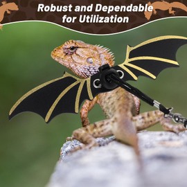 Bearded Dragon Leash and Harness Set, Adjustable Bearded Dragon Harness with 3 Size(S, M, L), Soft Lizard Reptile Leash with Gold Black Wing for BeardedDragon Lizard Reptiles