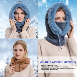 Women Winter Beanie Hats,One Piece Slouchy Warm Fleece Hooded Scarf Winter Balaclava Pullover Knitted Hat Mask Set Navy