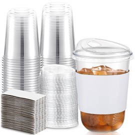 Baderke 50 Sets 16 Oz Clear Plastic Coffee Cups with Sip Lids and Cup Sleeve, Disposable Clear Pet Cups for Iced Coffee Cold Beverage, Shops and Party Catering